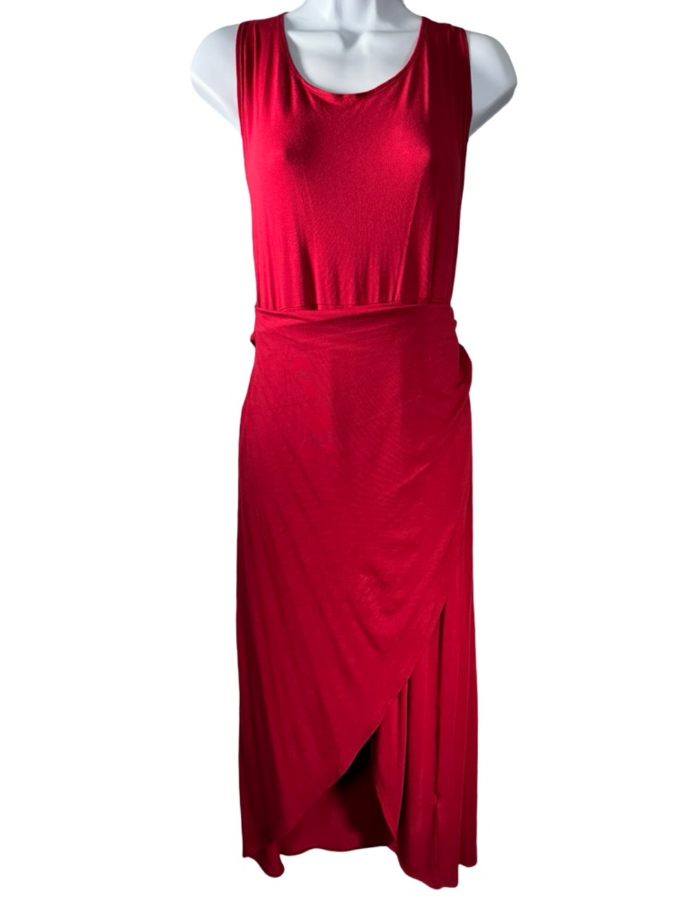 Senllen Red Sleeveless Wrap Midi Dress Side Tie Front Slit